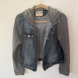 Wallflower Blue Denim Jacket with Gray Hood & Striped Knit Sleeves